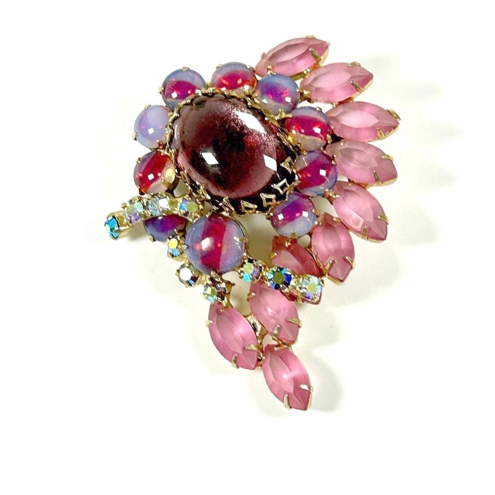 Verified Juliana D&E Brooch Pin Pink Stripe Givre Glass Rhinestone Floral 1960s